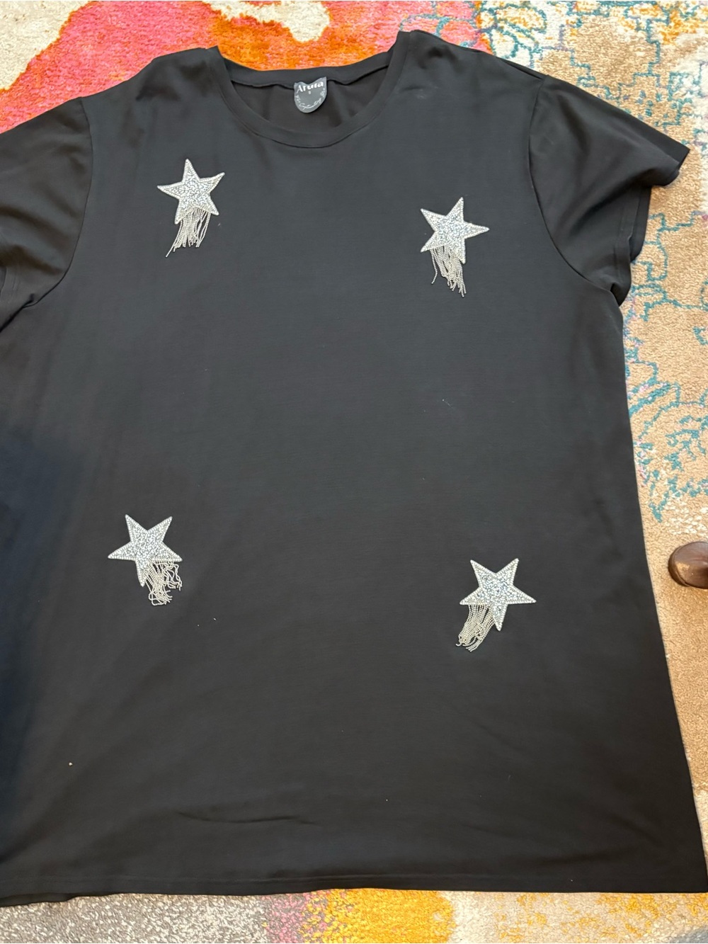 ARULA Black Short Sleeve T-Shirt Dress with Silver Star Fringe Embellishments